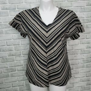 Andrea Jovine Size L V-Neck Top Ruffle Sleeve Casual Blouse Chevron Pattern‎